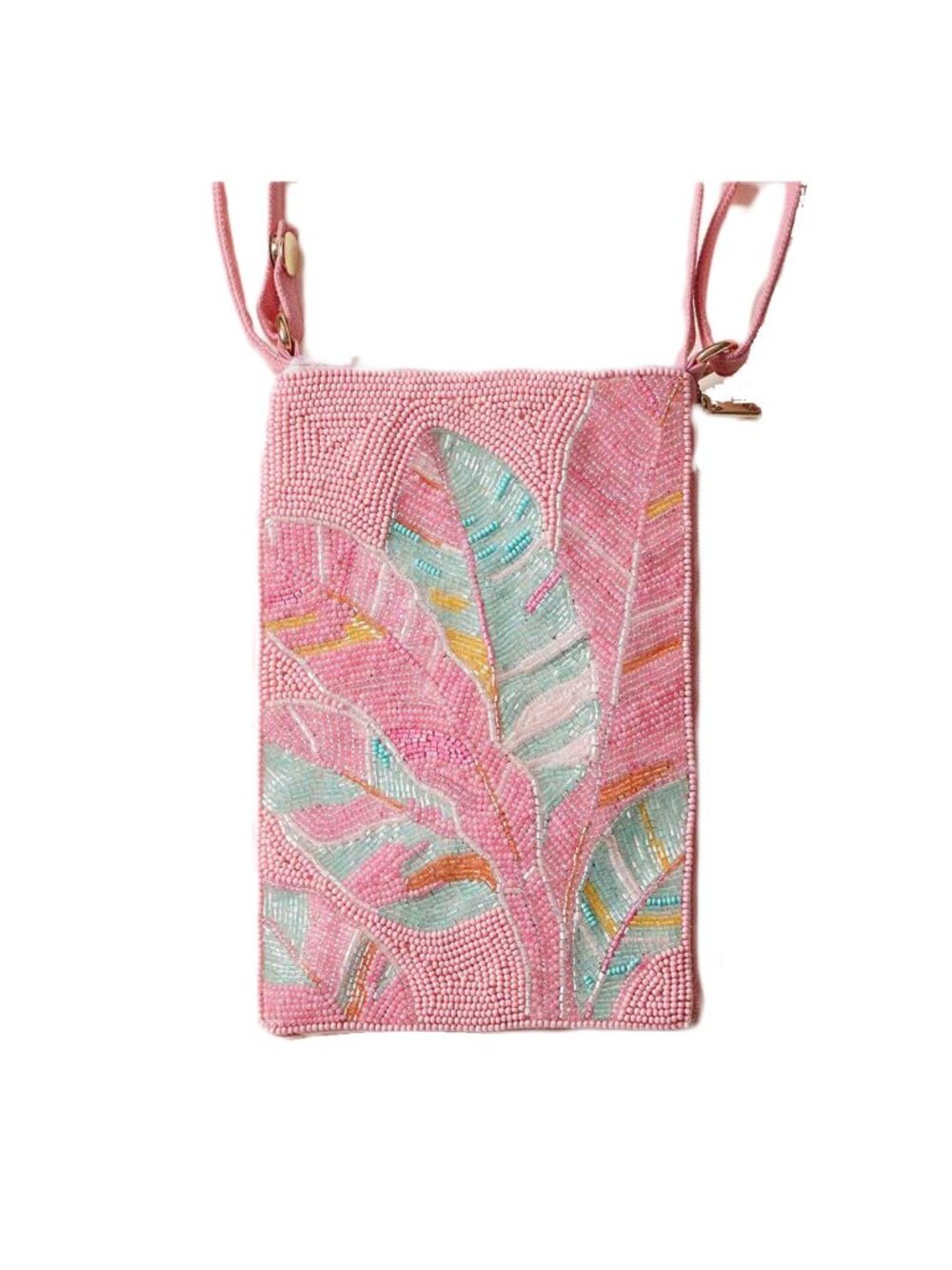 Tigerstars Pink Leaf Pattern Seed Beaded Mini Crossbody Bag